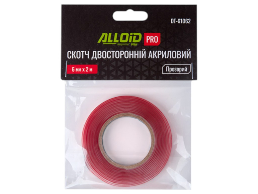 Скотч двосторонній Alloid Pro, 6 мм х 2 м, 1 мм, прозорий, акриловий, в пакеті