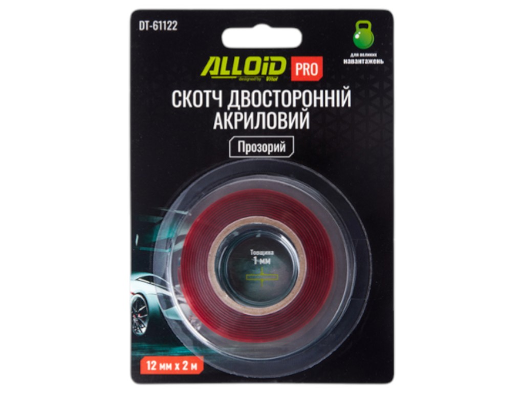 Скотч двосторонній Alloid Pro, 12 мм х 2 м, 1 мм, прозорий, акриловий, в блістері