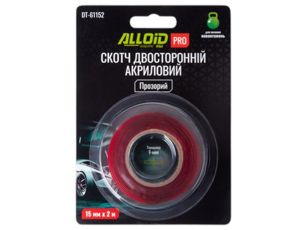Скотч двосторонній Alloid Pro, 15 мм х 2 м, 1 мм, прозорий, акриловий, в блістері