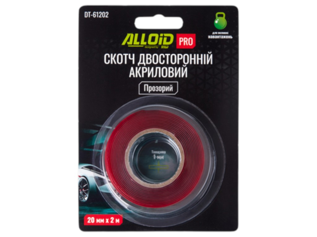 Скотч двосторонній Alloid Pro, 20 мм х 2 м, 1 мм, прозорий, акриловий, в блістері