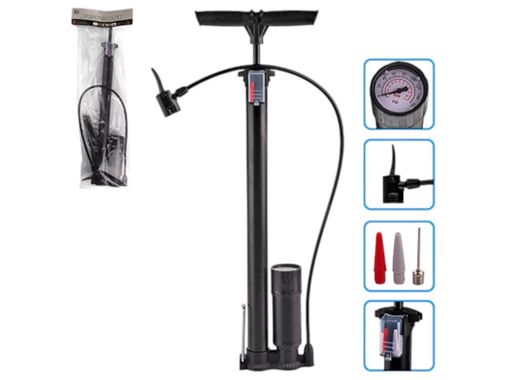 Насос ручной, с манометром, пластиковая ручка, 3 насадки, цвет черный