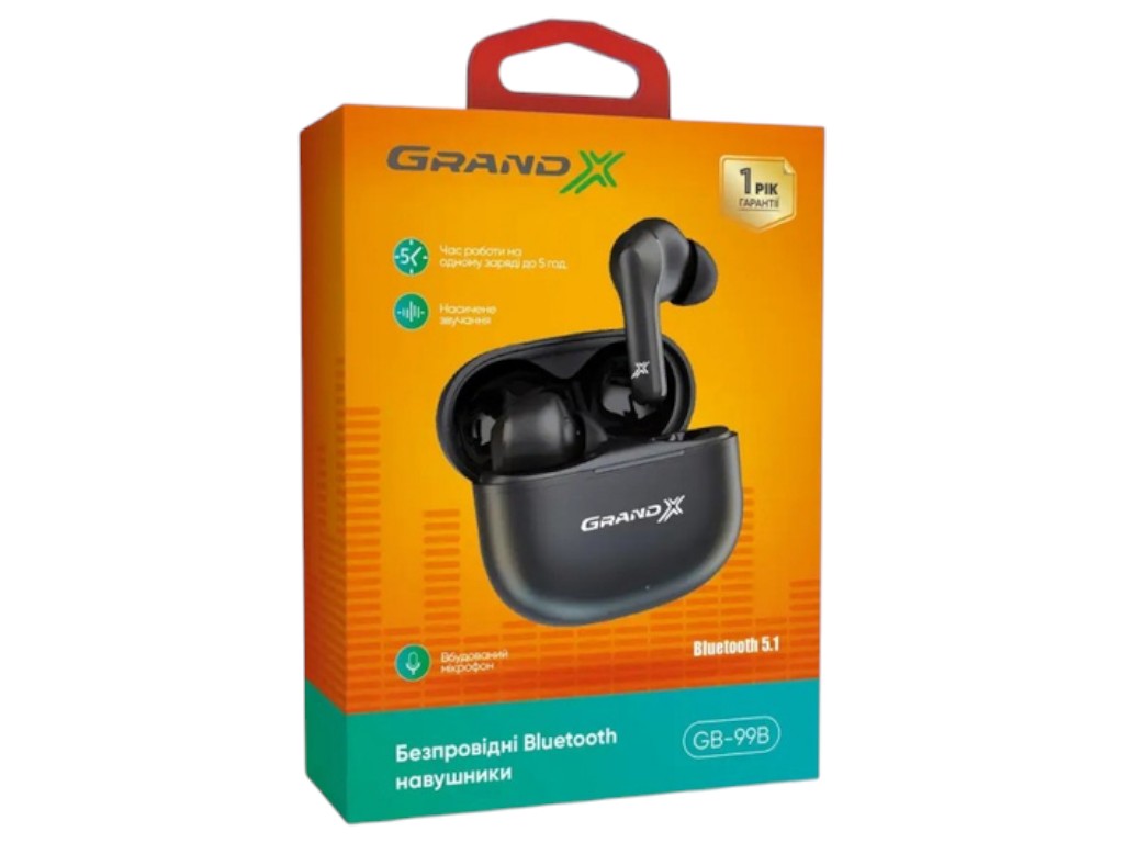 Наушники Grand-X GB-99B, вакуумные с микрофоном, беспроводное подключение,14,1×24×34мм, цвет черный