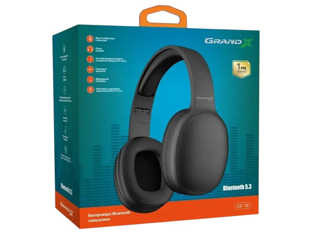 Наушники Grand-X GB-11B, закрытые с микрофоном, комбинированное подключение, экокожа, цвет черный