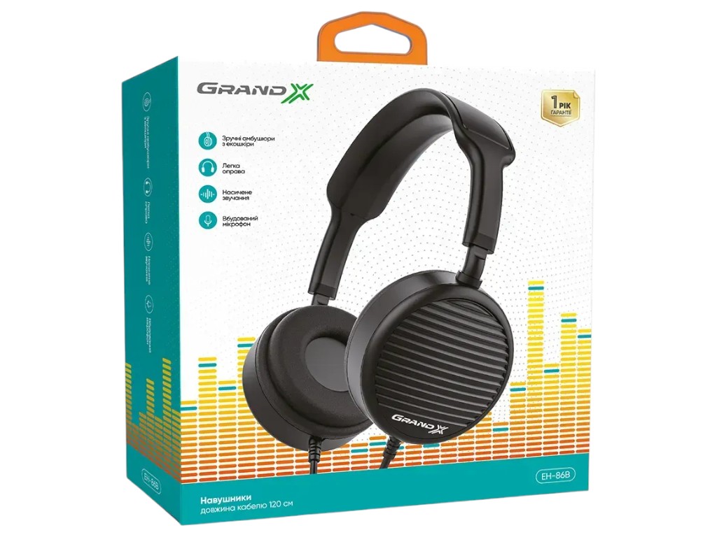 Наушники Grand-X EH-86B, накладные, закрытые с микрофоном, проводное подключение, экокожа, 1,2м