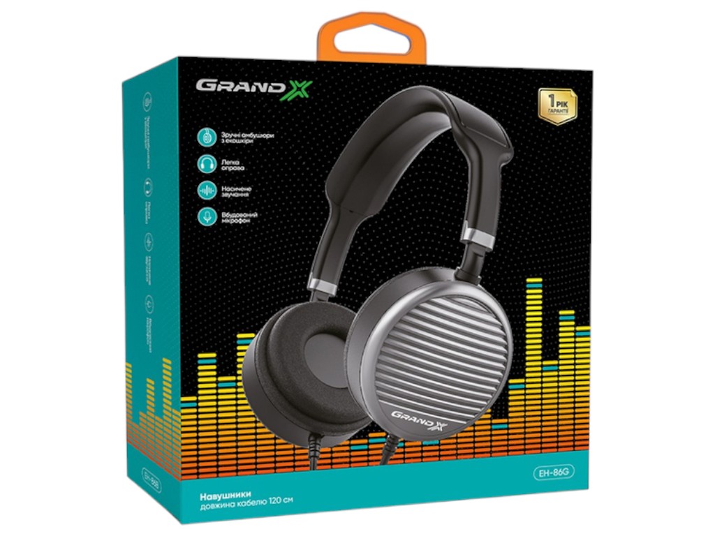 Наушники Grand-X EH-86G, накладные, закрытые с микрофоном, проводное подключение, экокожа, 1,2м