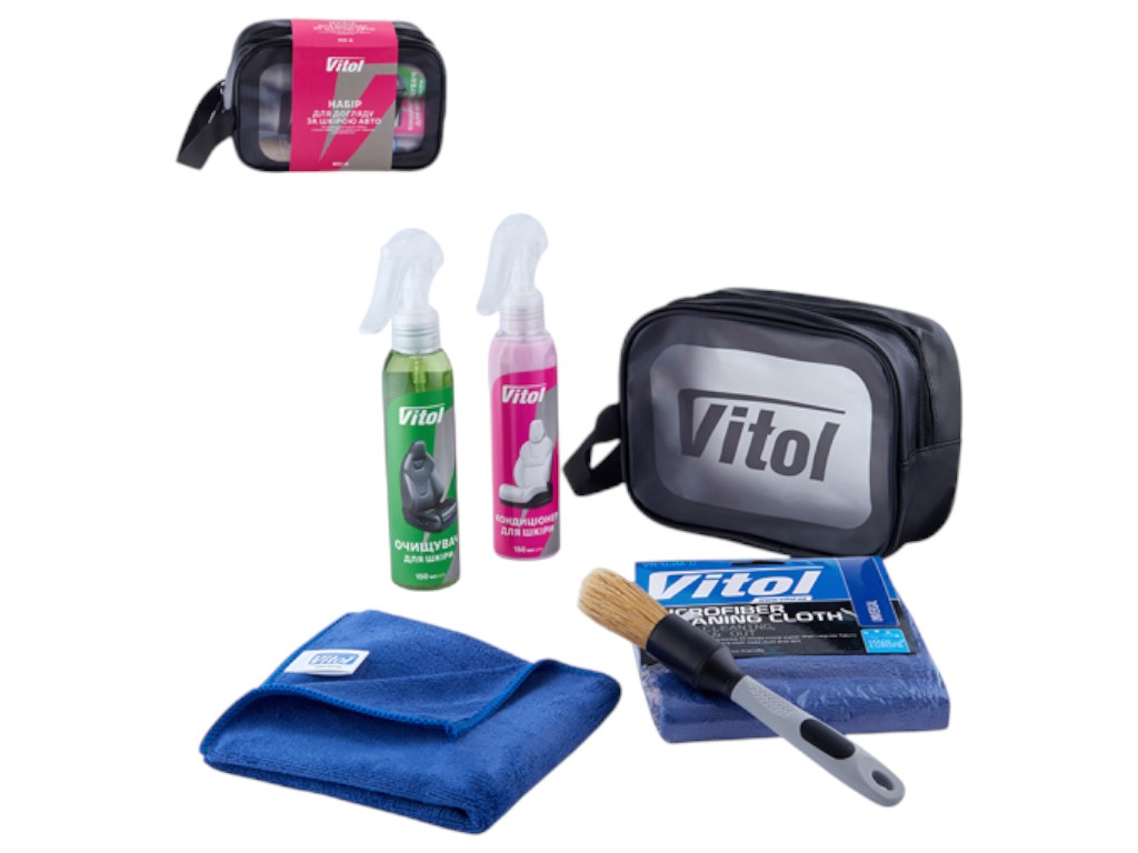 Набор ухода за кожей авто Vitol, очиститель, кондиционер, микрофибра, кисточка, тряпочка