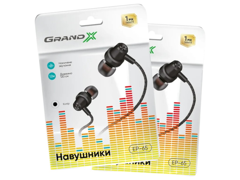 Наушники вакуумные Grand-X EP-65B, проводные, динамические излучатели, силиконовые амбушюры,1,2 м