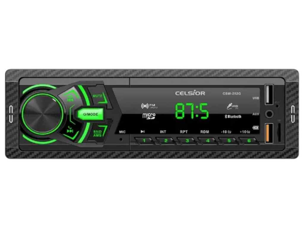 Автомагнитола Celsior CSW-252G, 1DIN, Bluetooth, USB, SD, AUX, подсветка зеленая, цвет черный