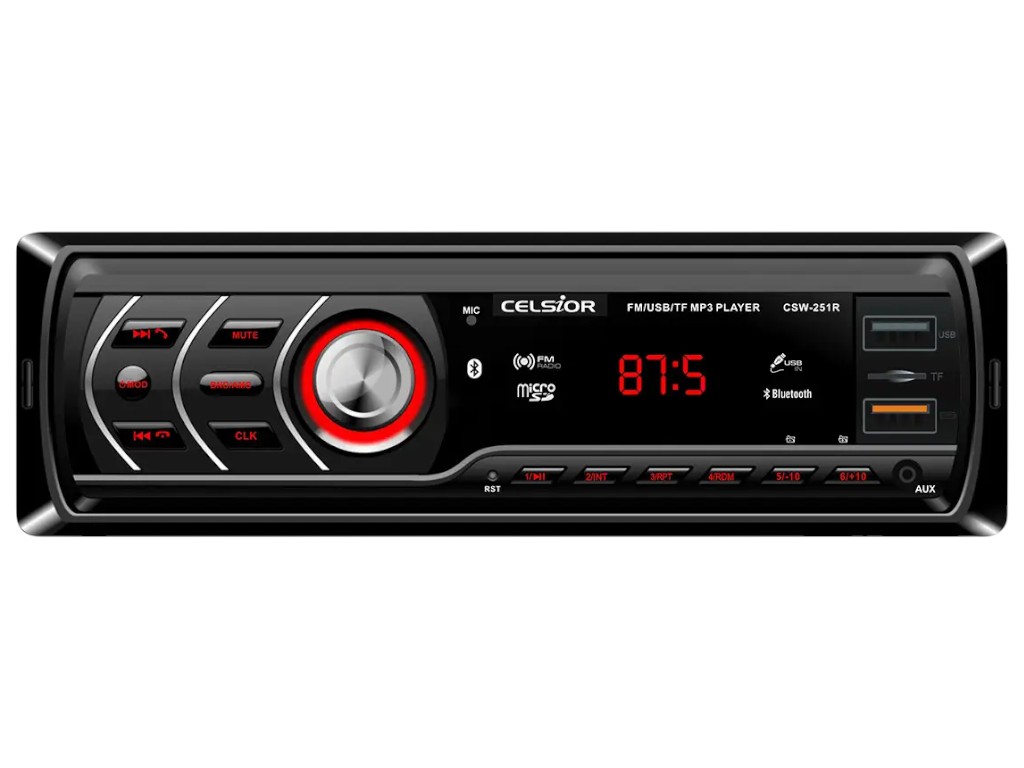 Автомагнитола Celsior CSW-251R, 1DIN, Bluetooth, USB, SD, AUX, подсветка красная, цвет черный
