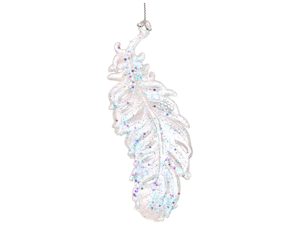 Акрилова прикраса Перо 14см, колір - прозорий з блискітками
