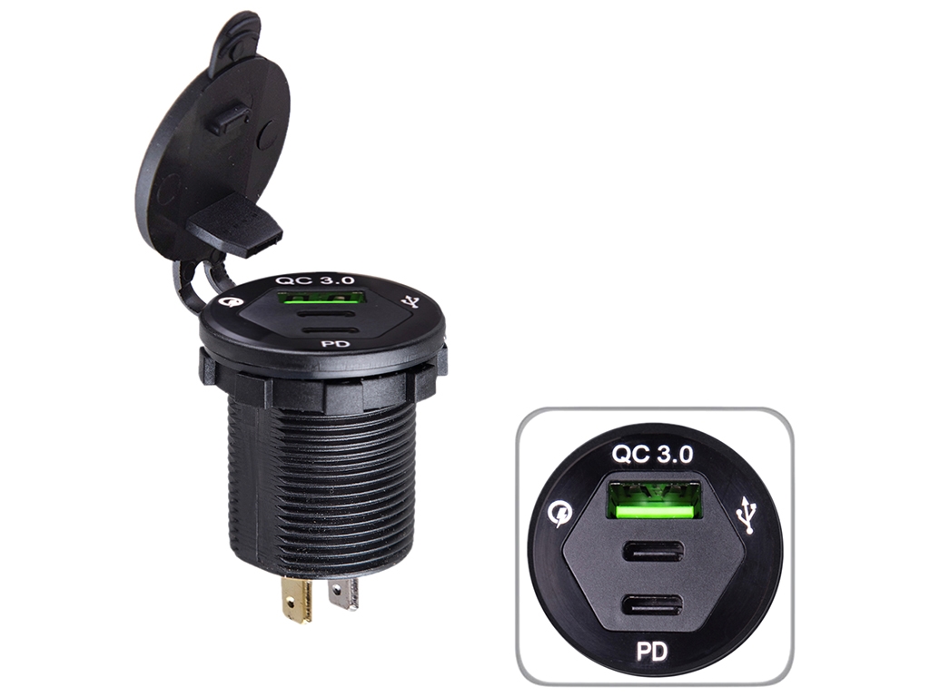 Автомобильное зарядное устройство USB 5-12V3.0A + 2 TYPE-C+PD 12-24V врезное в планку