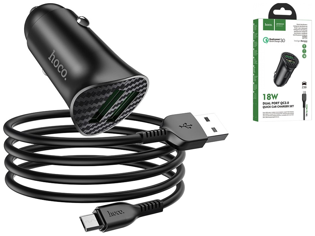 Авто Зарядное Устройство Hoco Z39 QC3.0 Micro 2USB Цвет Черный