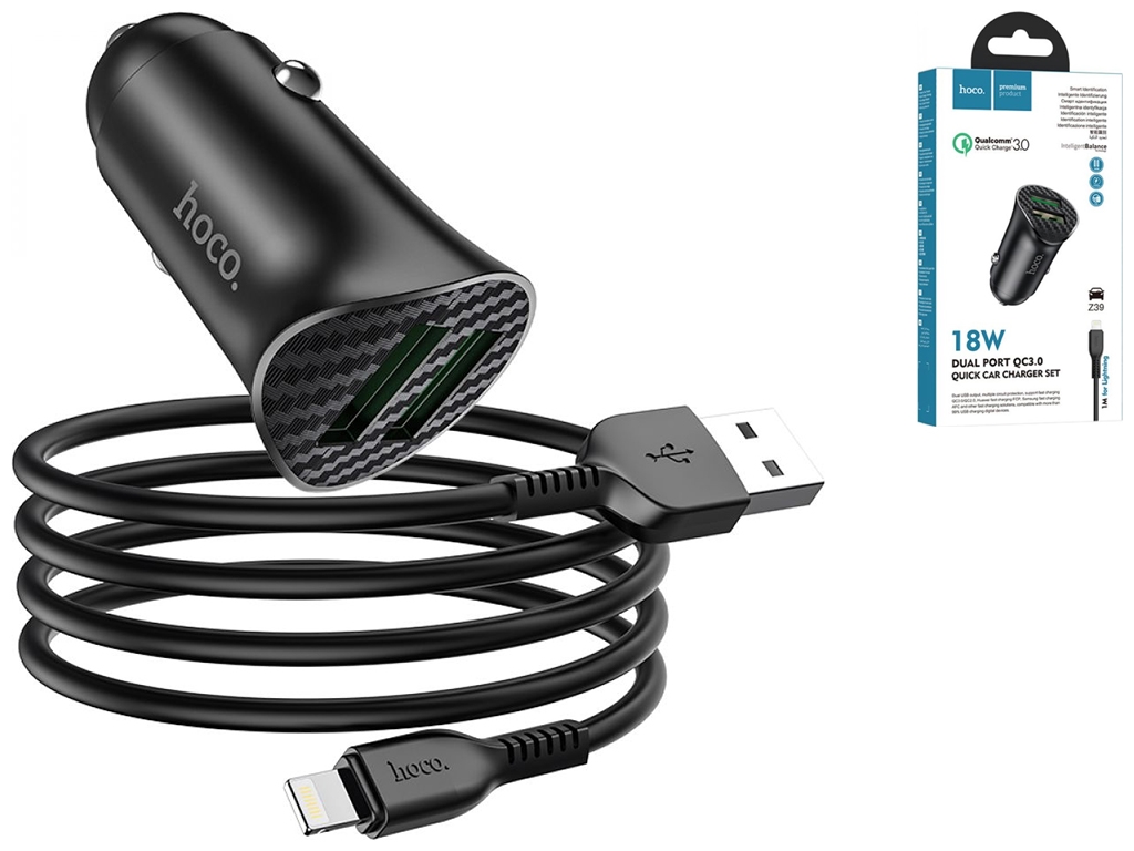 Автомобільний Зарядний Пристрій Hoco Z39 QC3.0 Lightning 2USB Колір Чорний