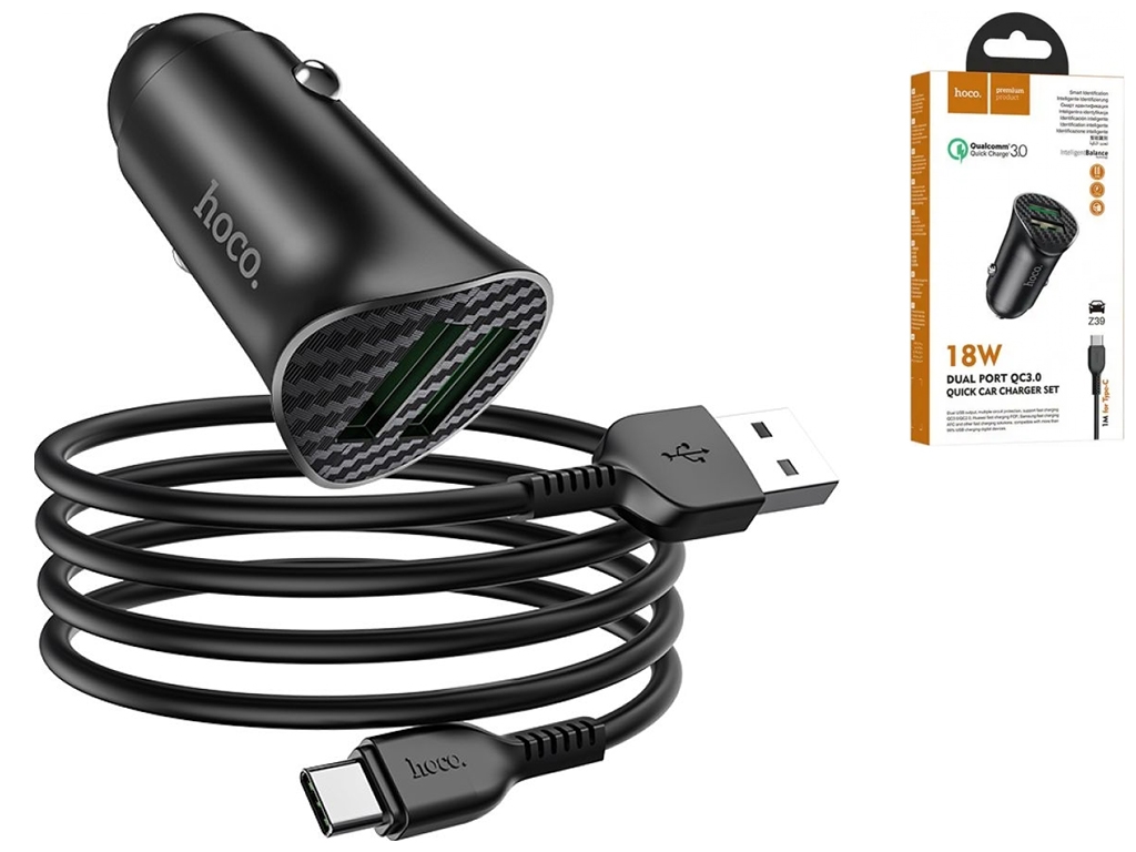 Авто Зарядное Устройство Hoco Z39 QC3.0 Type-C 2USB Цвет Черный