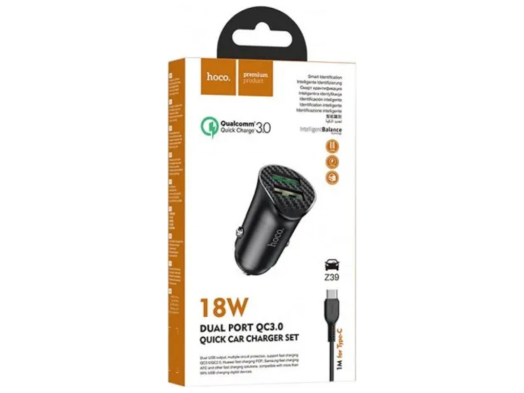 Авто Зарядное Устройство Hoco Z39 QC3.0 Type-C 2USB Цвет Черный