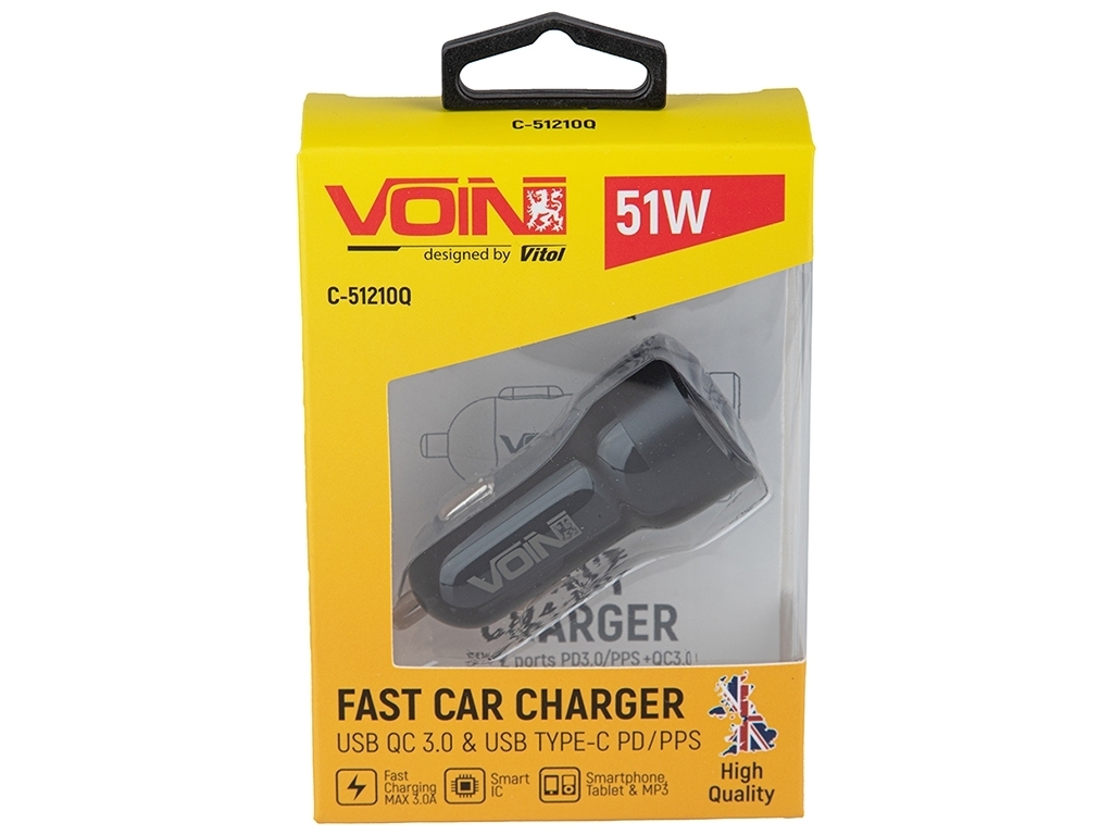 Автомобильное зарядное устройство для VOIN 51W, 1USB QC3,0 18W + 1PD 33W, 12,24V