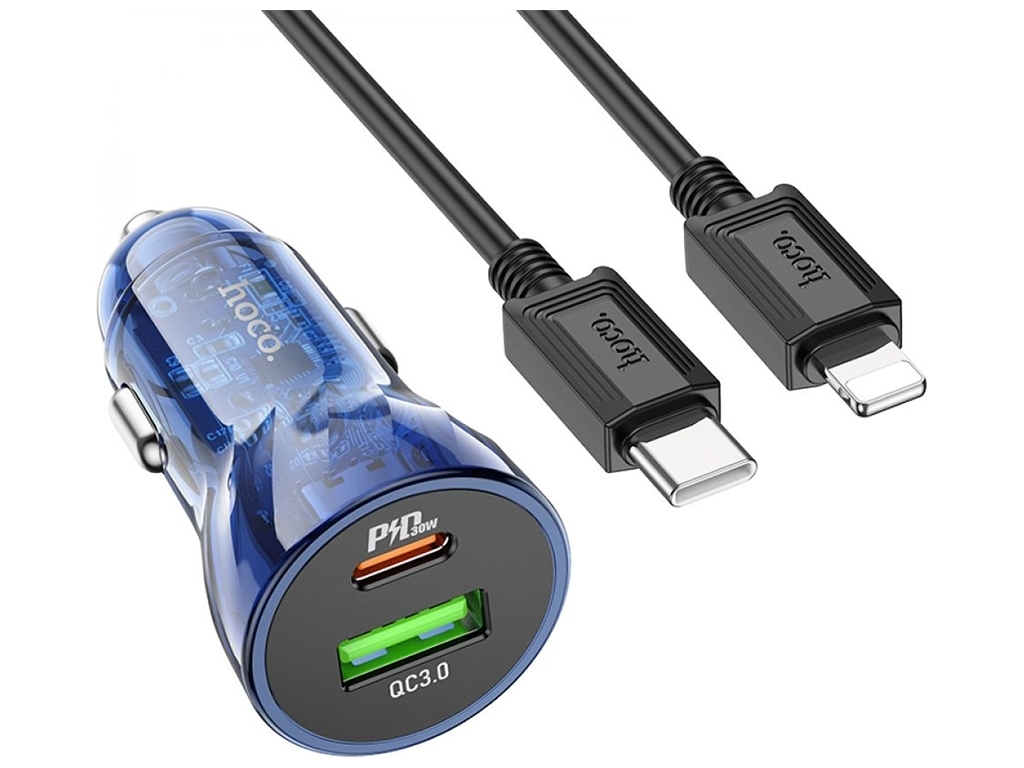 Автомобильное Зарядное Устройство Hoco Z47A Transparent PD30W+QC3.0 Type-C to Lightning, Прозрачный 