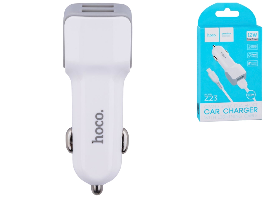 Авто Зарядное Устройство Hoco Z23 2USB Lightning, Цвет Белый