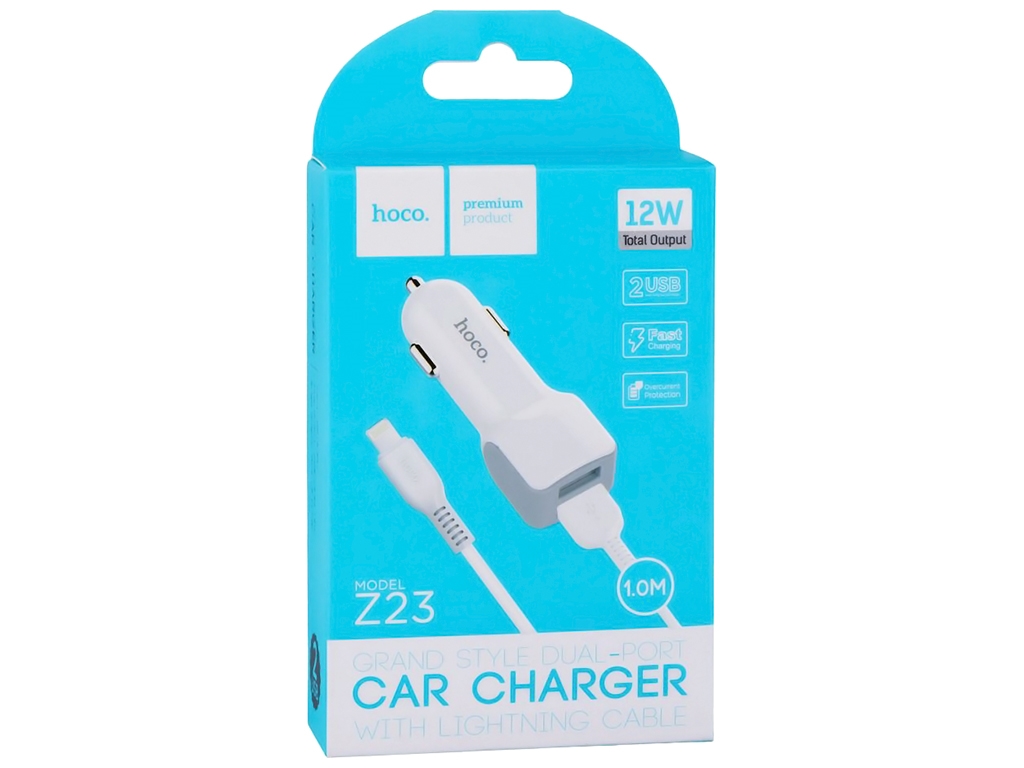 Авто Зарядное Устройство Hoco Z23 2USB Lightning, Цвет Белый