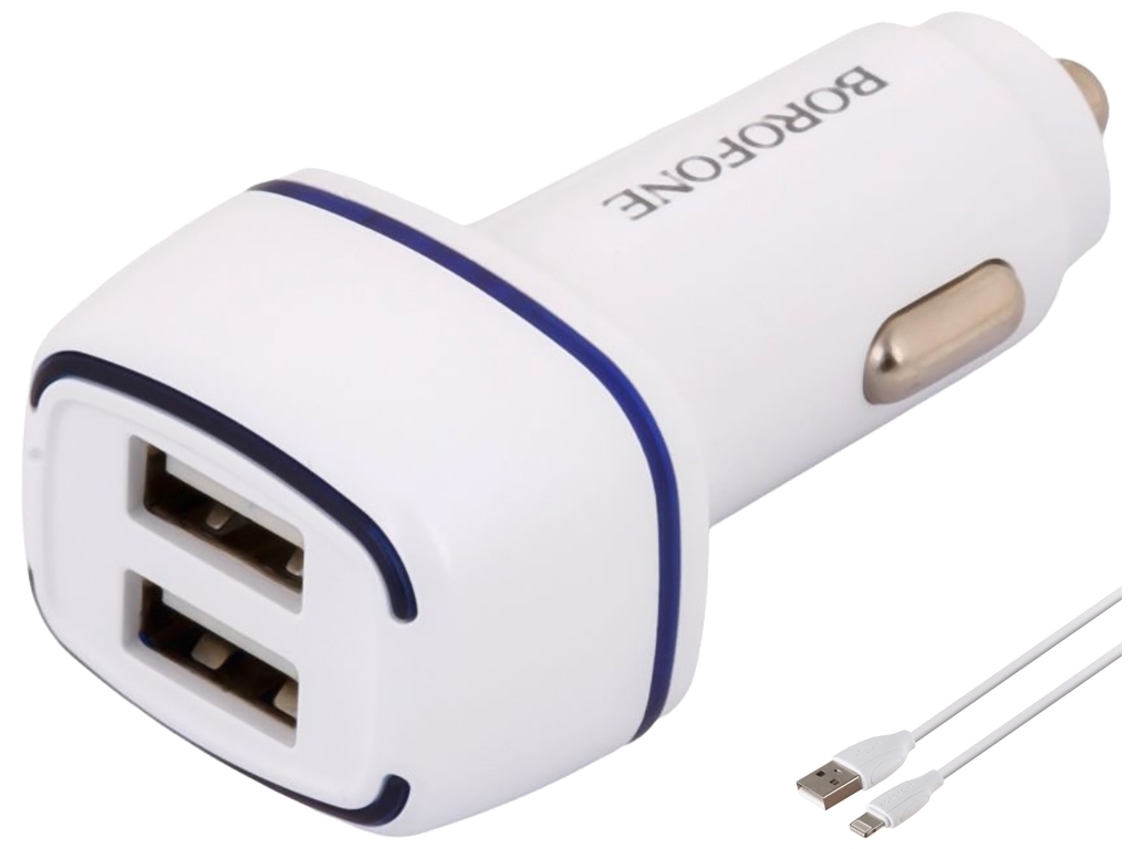 Автомобильное Зарядное Устройство Borofone BZ14 Lightning 2USB 2.4A, Белый