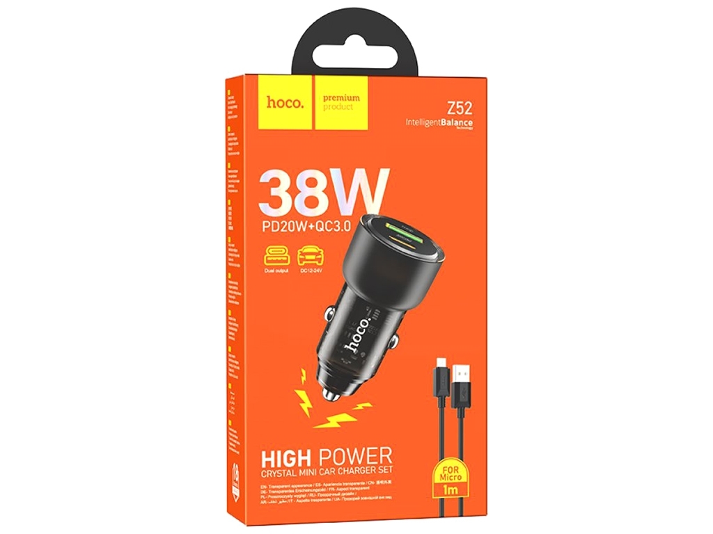Авто Зарядное Устройство Hoco Z52 Spacious PD38W+QC3.0 Micro, Цвет Прозрачно-черный
