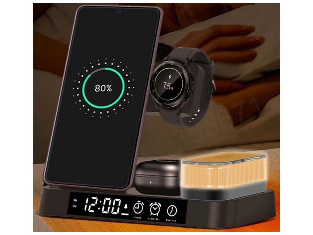 Бездротовий Зарядний Пристрій JJT-S37 5in1+Lamp/Alarm Clock 30W S version Колір Бiлий
