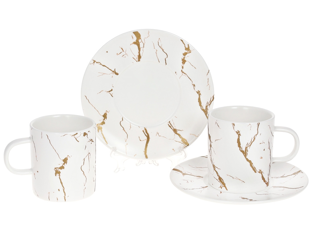 Чайный набор Мраморная Роскошь, чашки, блюдца, цвет – белый с золотом (цена за набор 4предметы)