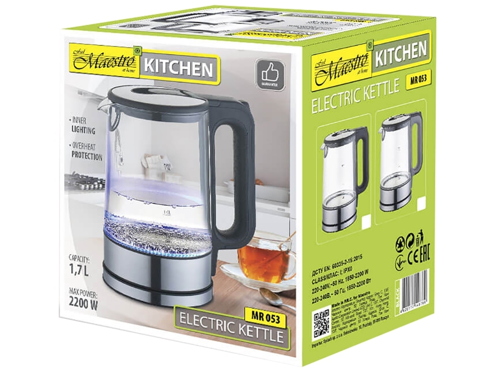 Чайник електричний Maestro BLACK скляний 220-240В, 50Гц, 2200Вт 1,7л