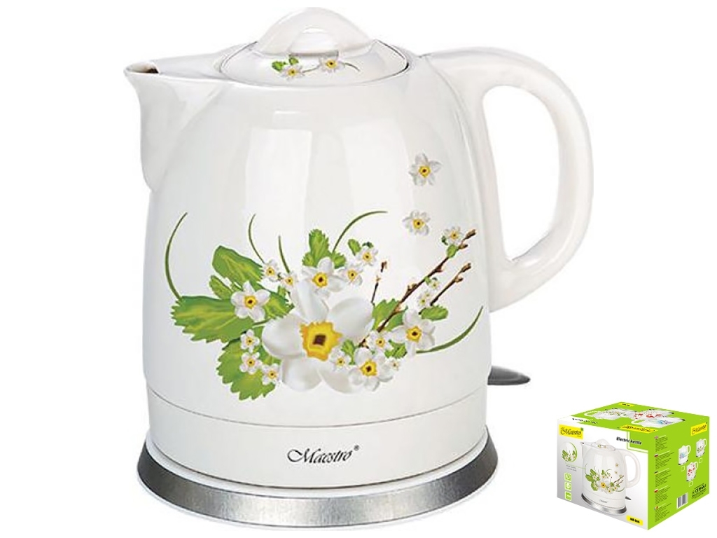 Чайник электрический Maestro WHITEFLOWERS керамический, дисковый нагреватель 1200 Вт 1,5л