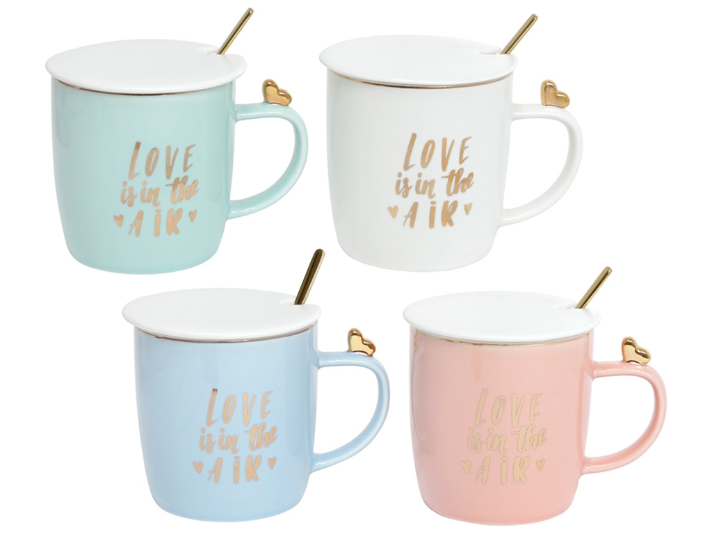 Чашка Love is in the air, с крышкой и ложкой, 4 дизайна, 375мл (цена за 1шт)