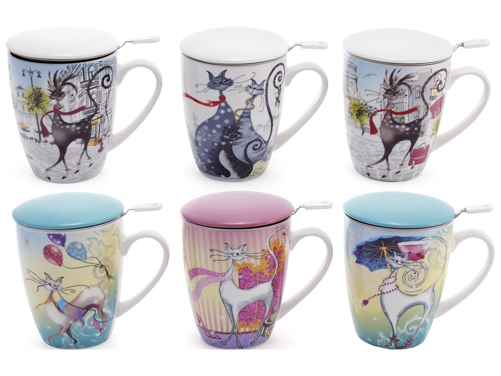 Чашка Парижские коты, 350мл, с крышкой и фильтром, 6 дизайнов
