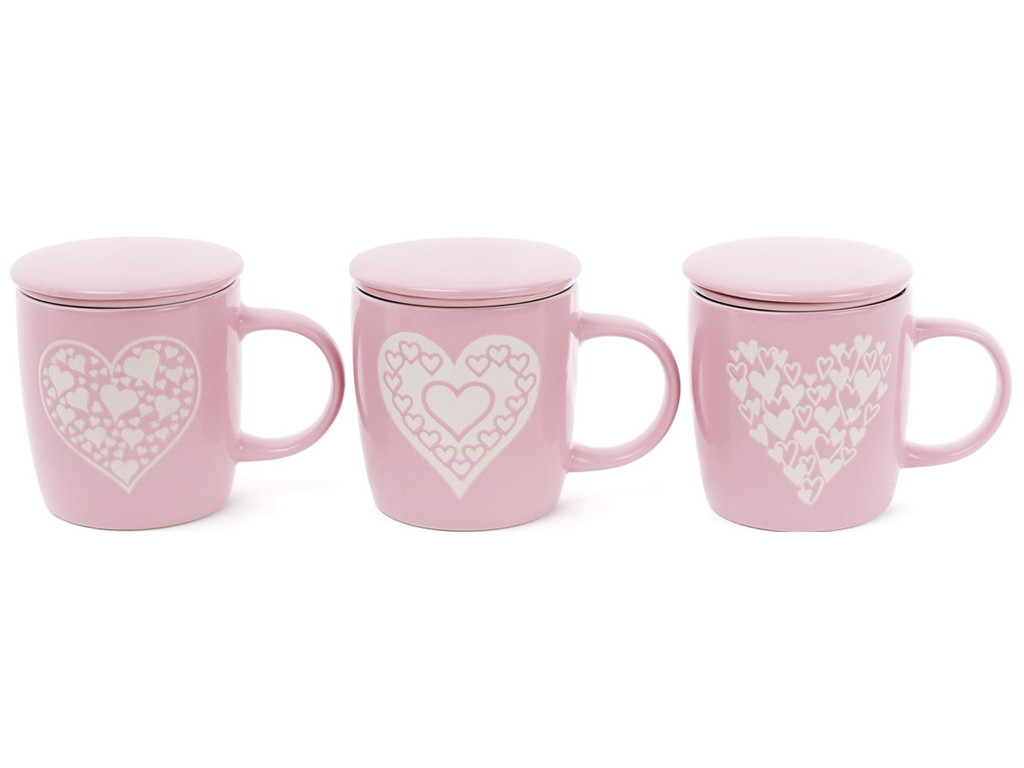 Чашка Серця, з фільтром та кришкою, 3 дизайни, колір - рожевий, 370мл