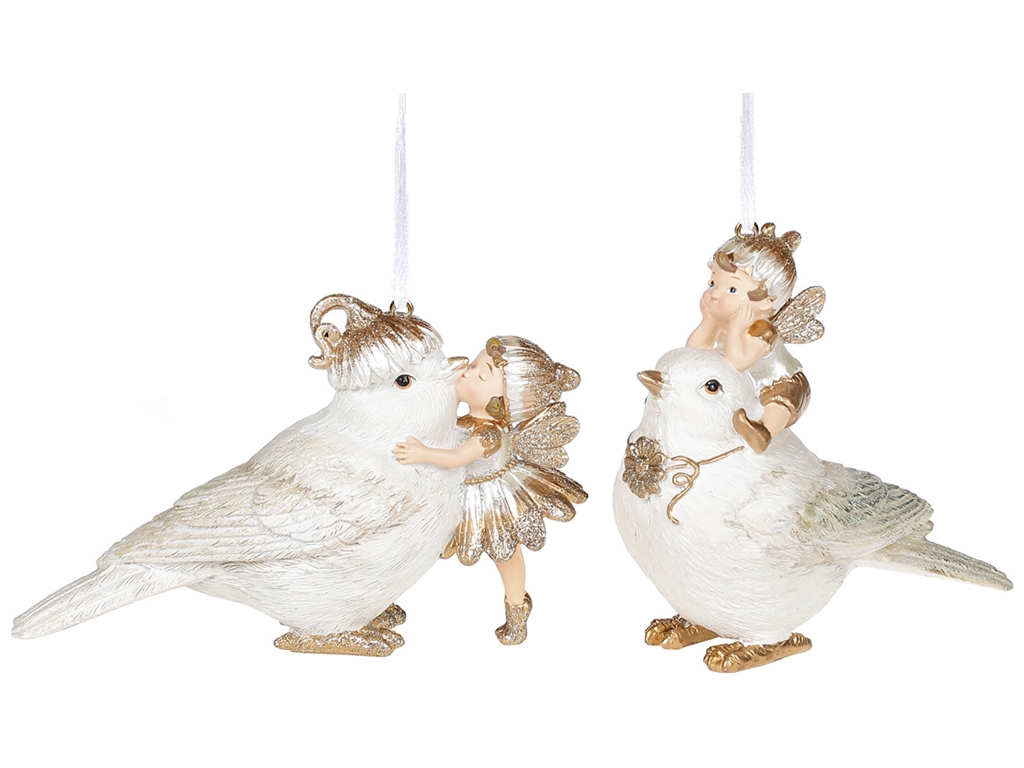 Декоративная подвесная фигурка Птичка с феей, 10,8см, 2 дизайна, цвет - белый с золотом
