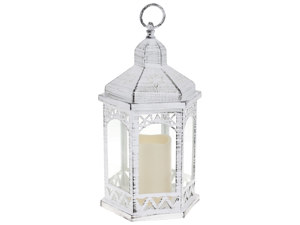 Декоративний ліхтар зі свічкою, тепле біле світло, 31см, колір - білий з патиною