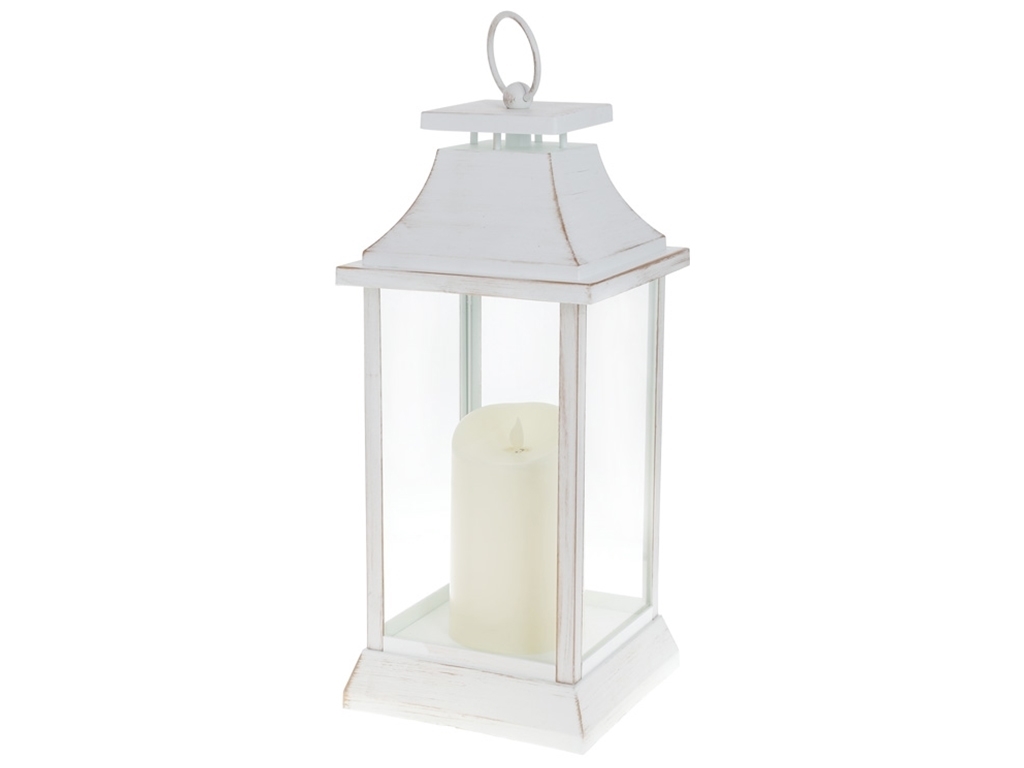 Декоративный фонарь со свечой, теплый белый свет, 41см, цвет - белый с золотом