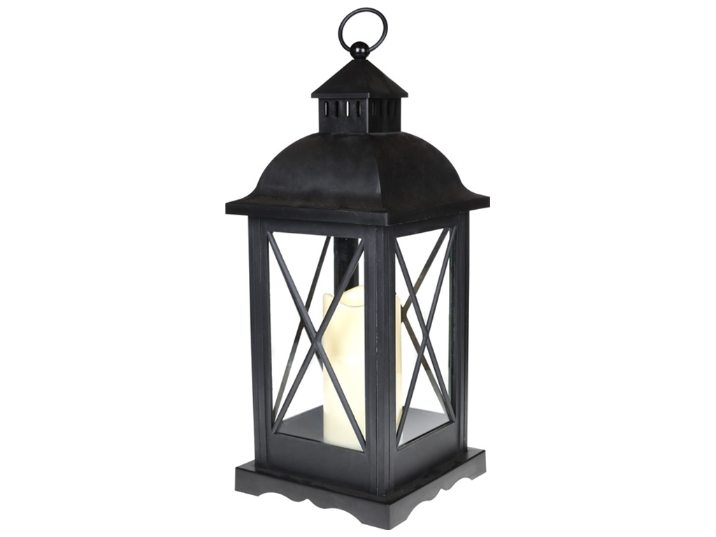 Декоративний ліхтар зі свічкою з LED підсвічуванням, тепле жовте світло, колір - чорний, 58см