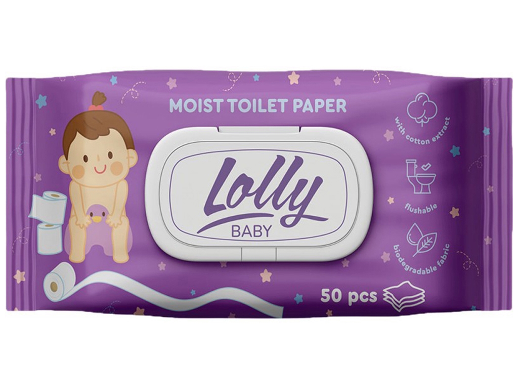 Детская влажная туалетная бумага Lolly с экстрактом хлопка, 50шт