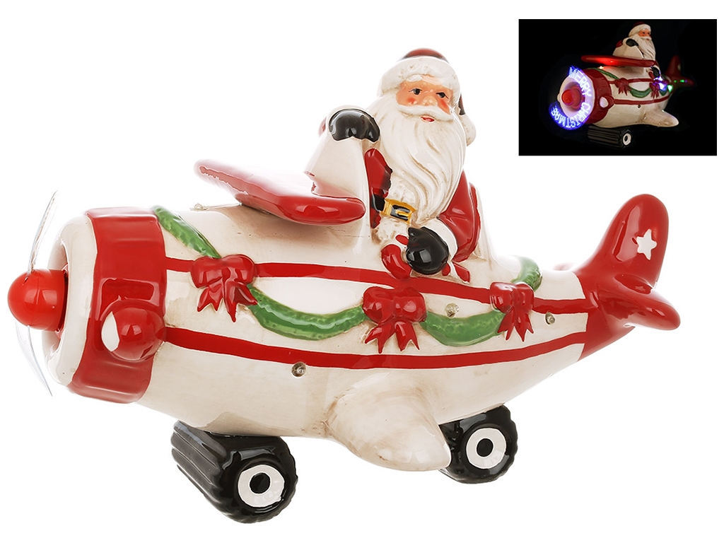 Фигура Санта на самолете с LED-подсветкой, музыкой Jingle Bells, пропеллер крутиться, 19см