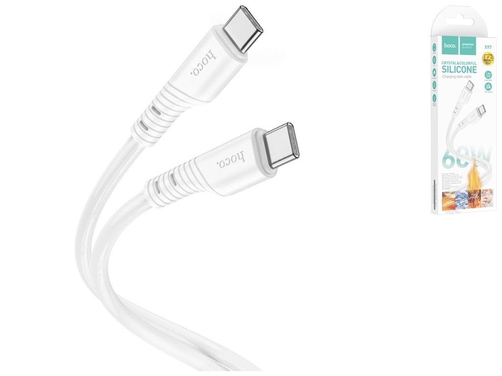 Кабель USB Hoco X97 Crystal color 60W Silicone Type C to Type C, Белый