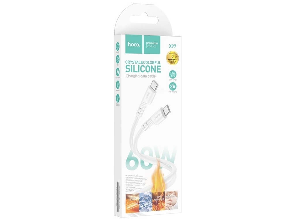 Кабель USB Hoco X97 Crystal color 60W Silicone Type C to Type C, Белый