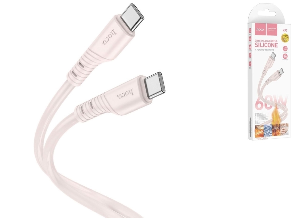 Кабель USB Hoco X97 Crystal color 60W Silicone Type C to Type C, Розовый