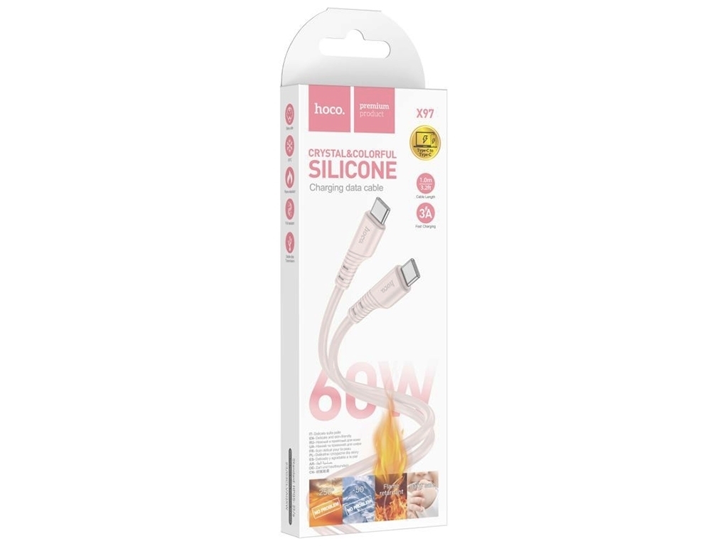Кабель USB Hoco X97 Crystal color 60W Silicone Type C to Type C, Розовый