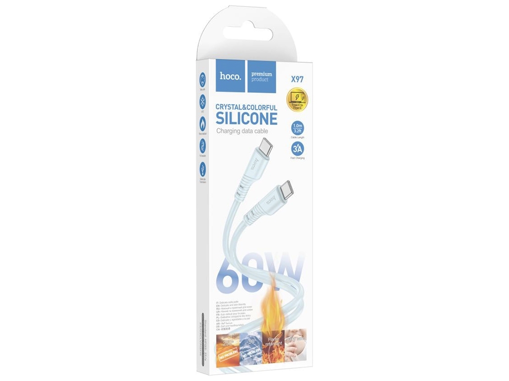 Кабель USB Hoco X97 Crystal color 60W Silicone Type C to Type C, Голубой