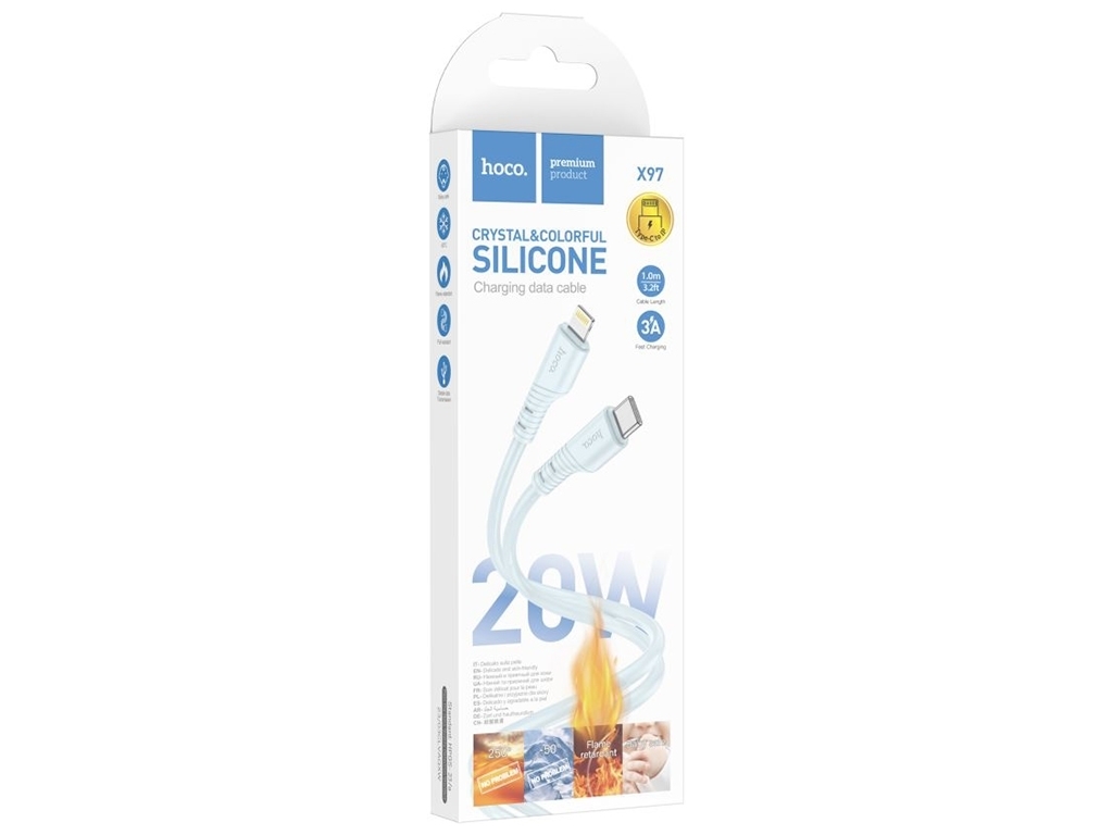 Кабель Hoco X97 Crystal color PD20W Silicone Type C to Lightning, Блакитний