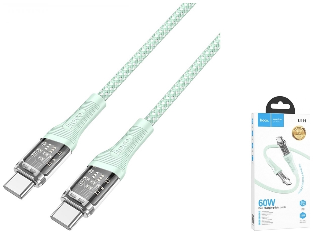 Кабель USB Hoco U111 Transparent Discovery Edition 60W Type-C to Type-C, Зелений