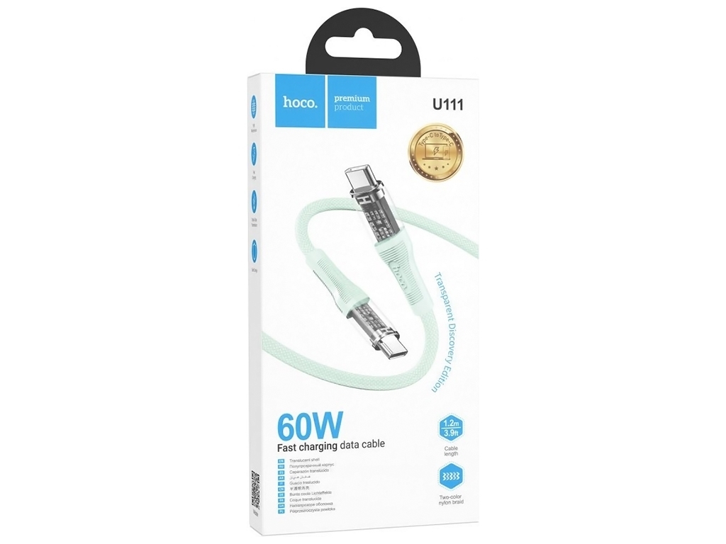 Кабель USB Hoco U111 Transparent Discovery Edition 60W Type-C to Type-C, Зелений