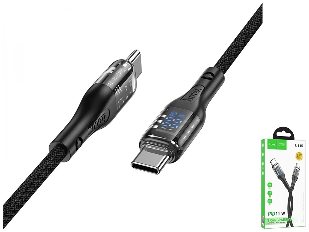 Кабель USB Hoco U115 Transparent 100W With Display Type-C to Type-C 1.2m Колір Чорний