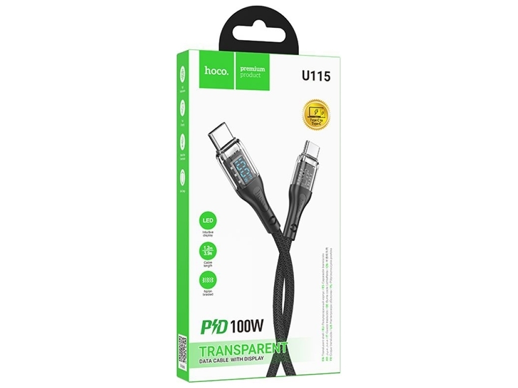 Кабель USB Hoco U115 Transparent 100W With Display Type-C to Type-C 1.2m Колір Чорний