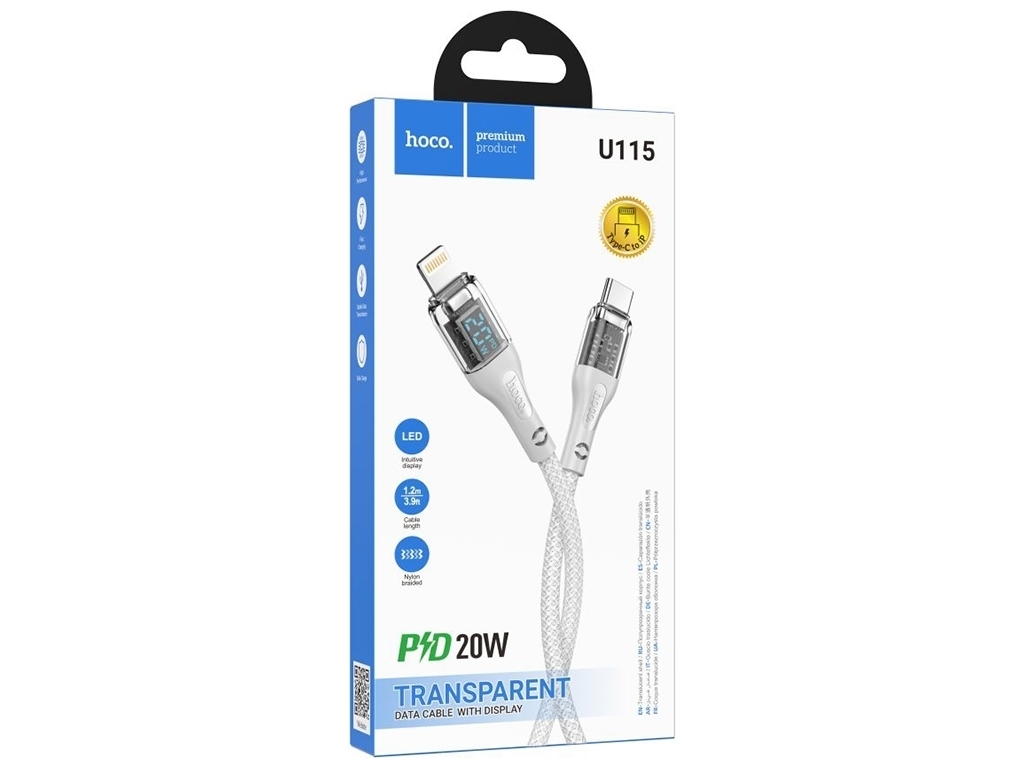 Кабель USB Hoco U115 Transparent PD20W With Display Type-C to Lightning 1.2m, Сiрий