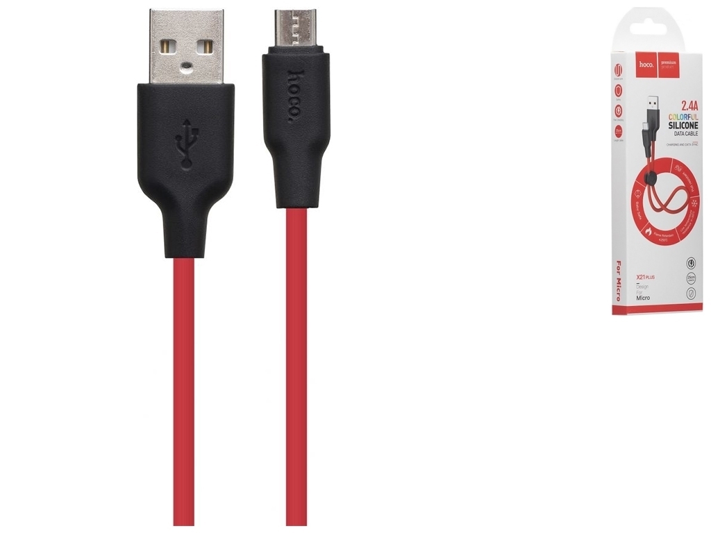 Кабель USB Hoco X21 Plus Silicone Micro 0.25m, Чёрно-Красный
